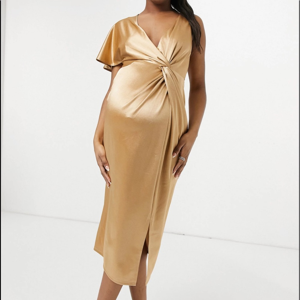 ASOS DESIGN Maternity twist one sleeve midi dress with thigh slit in gold